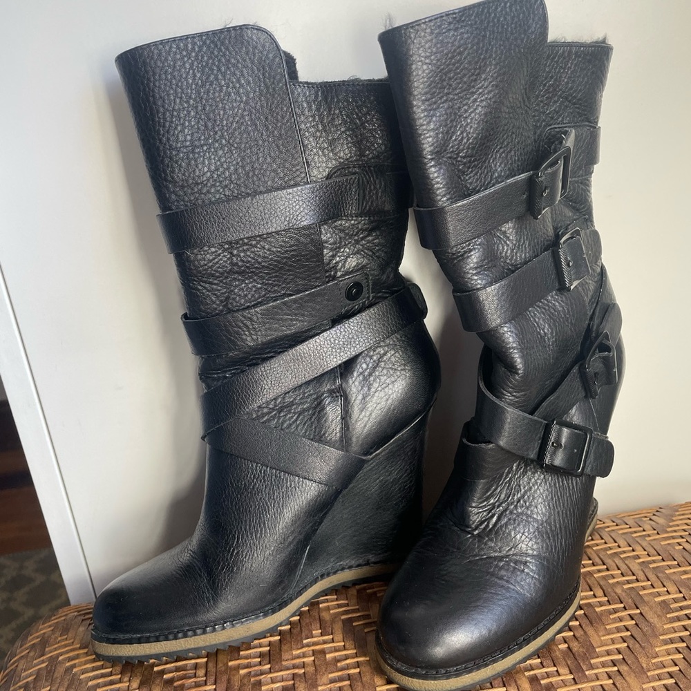 Sam Edelman Teresa Black Leather Wedge Moto Boots Faux Fur Size 6.5